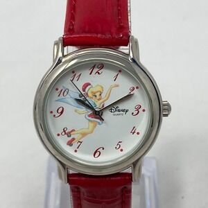 Disney Tinker Bell Watch Women Christmas Silver Tone Red 28mm New Battery 8"